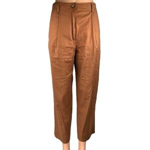 The Reset Brown Linen Pleated Straight Wide Leg Crop Trousers Dress Pants Size S